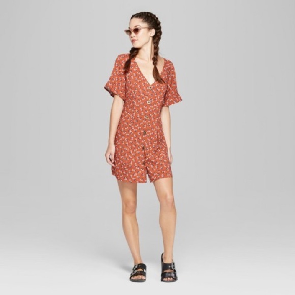 Wild Fable Orange Floral Short Sleeve Dress Size L